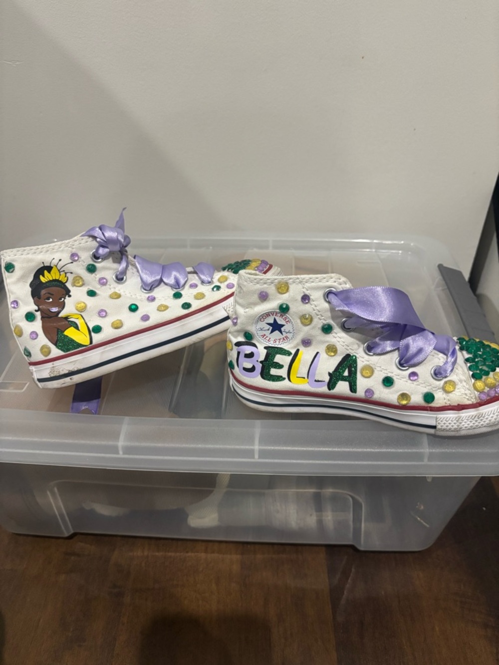 Converse Kids White Size 9 with Purple Laces and Multicolor Accents